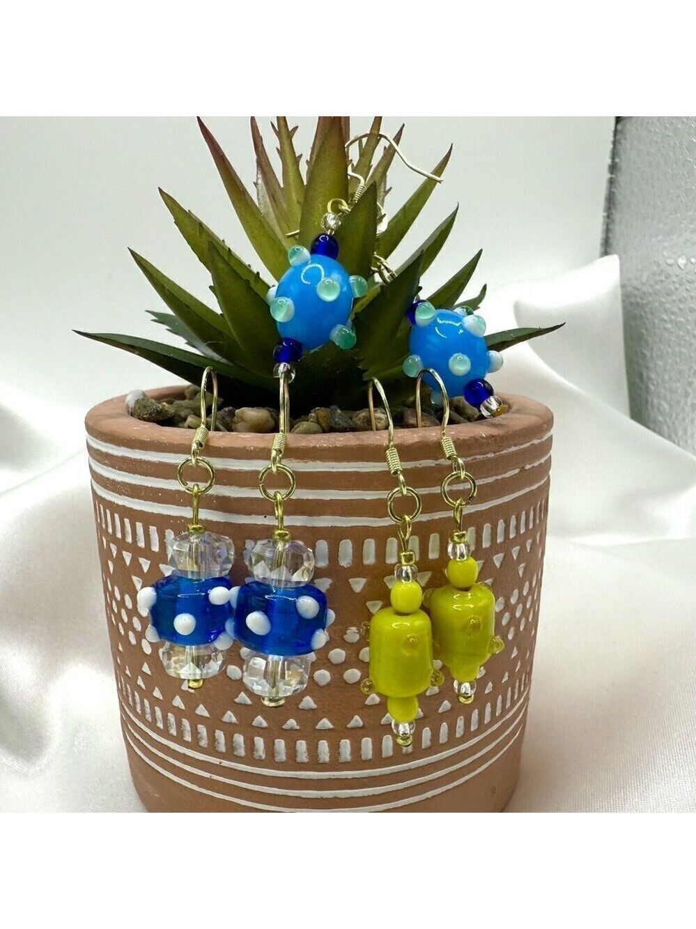 3 Sets REIMAGINED Venetian Lampwork Glass Bead Dangle Earrings 18K GP 925 Silver